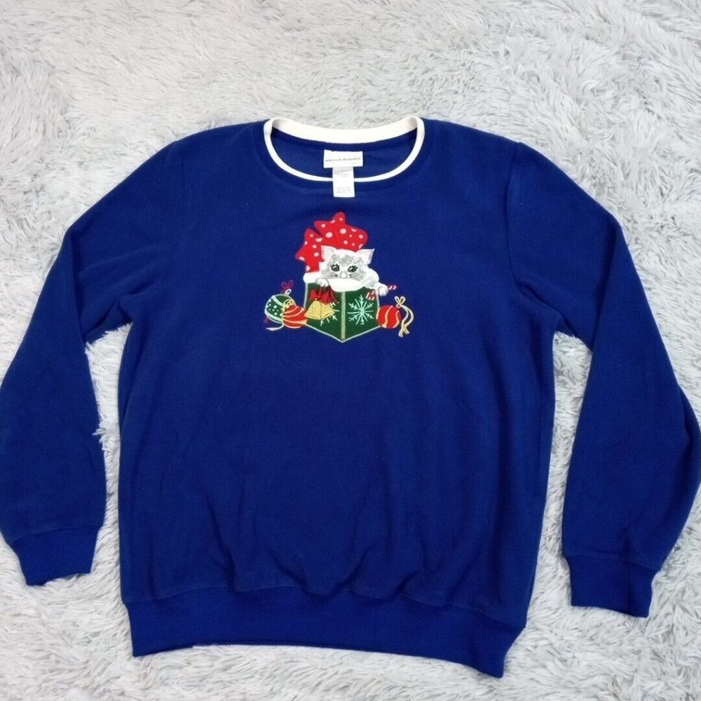 Alfred Dunner Womens Sweatshirt Blue S Holiday Cat Kitty Christmas Sweater
